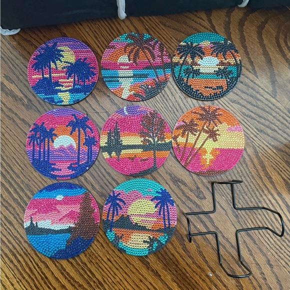 Handmade Other - Rhinestone Tropical Sunset Coaster Set- 8 coasters & Stand